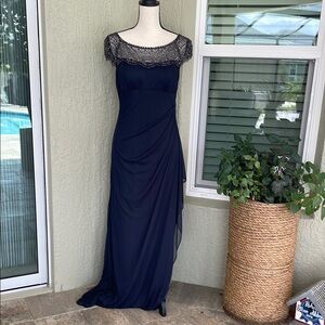 Xscape Midnight Blue Short Sleeve Bateau Maxi Gown